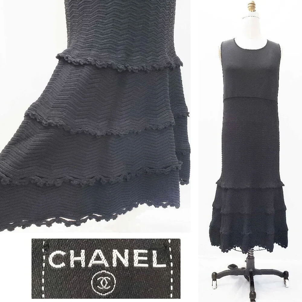 CHANEL 05P Womens Dress Black Knit Flapper Sleeveless Flared Skirt Back Button